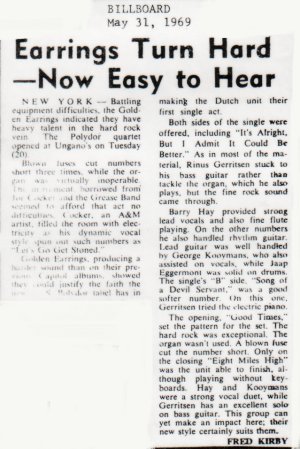 The Golden Earrings show review in USA Billboard magazine May 31, 1969